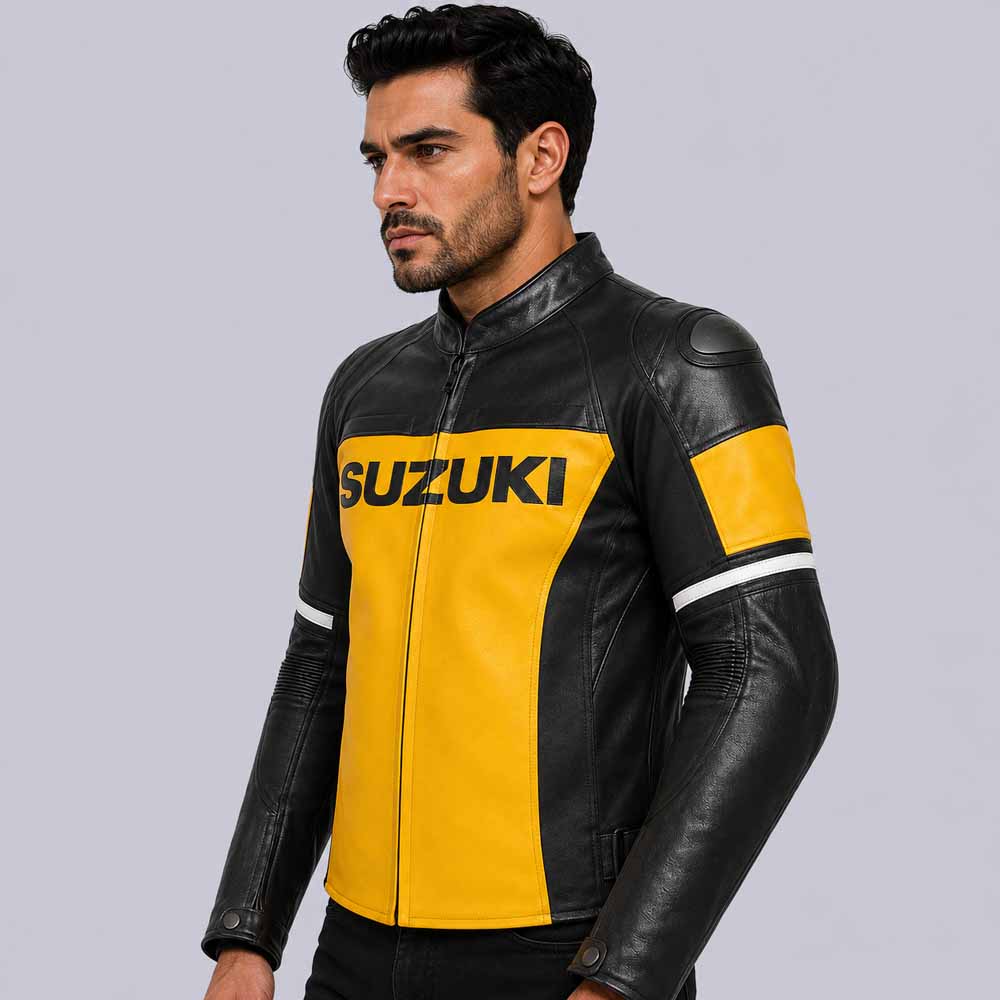 Suzuki GSX R Men's Yellow Black Cowhide Leather Riding Jacket with CE Armor