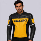 Suzuki GSX R Men's Yellow Black Cowhide Leather Riding Jacket with CE Armor