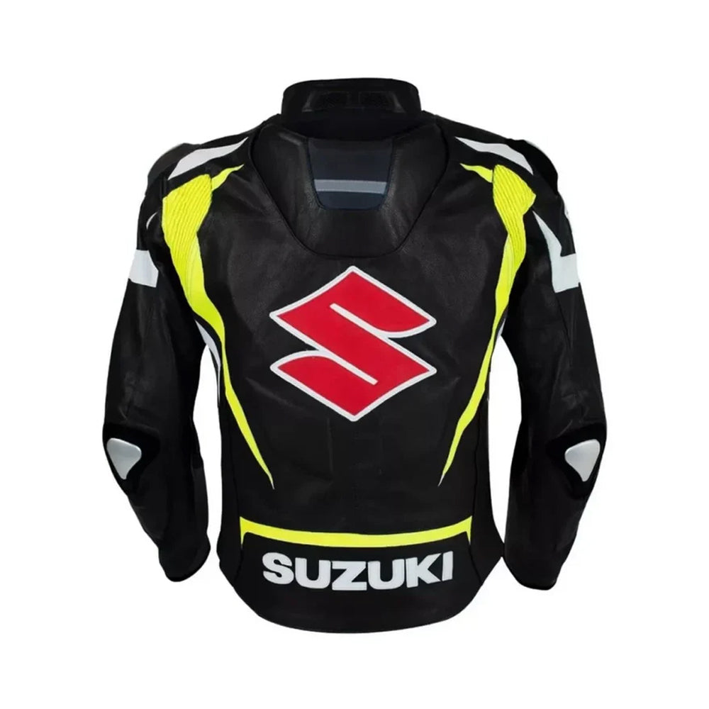 Men’s Suzuki Racing Black Leather Jacket – Neon Accent Stealth Edition