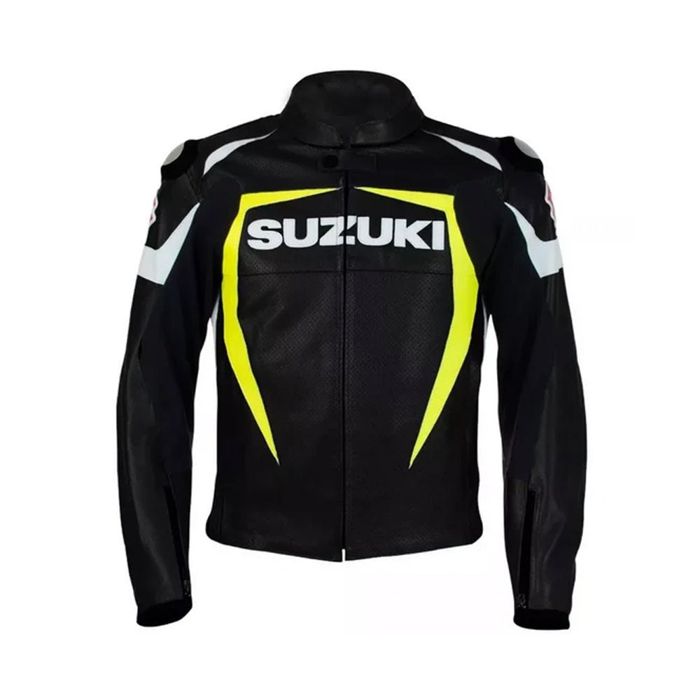 Men’s Suzuki Racing Black Leather Jacket – Neon Accent Stealth Edition
