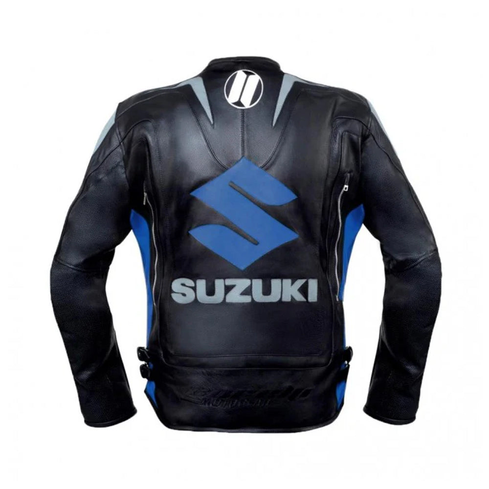 Men’s Suzuki Racing Leather Jacket – Black & Blue Performance Edition