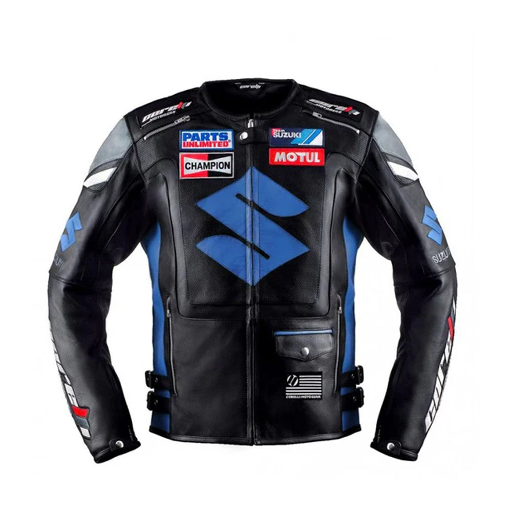 Men’s Suzuki Racing Leather Jacket – Black & Blue Performance Edition