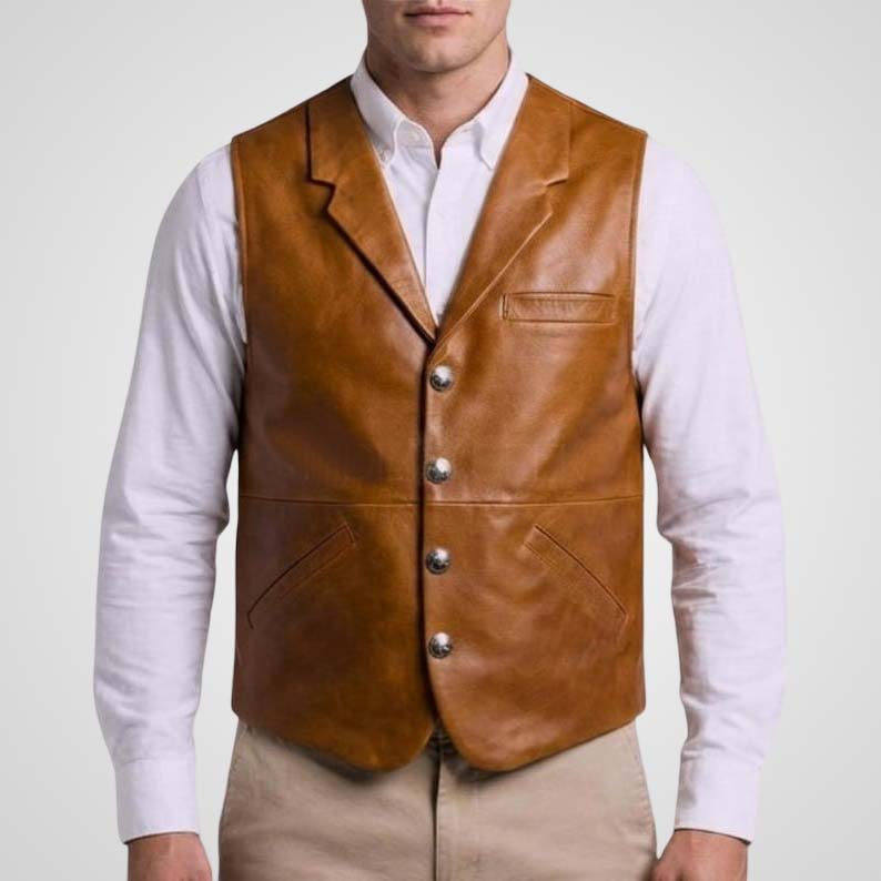 Men's Leather Vest – Handmade Tan Brown Western Cowboy Waistcoat