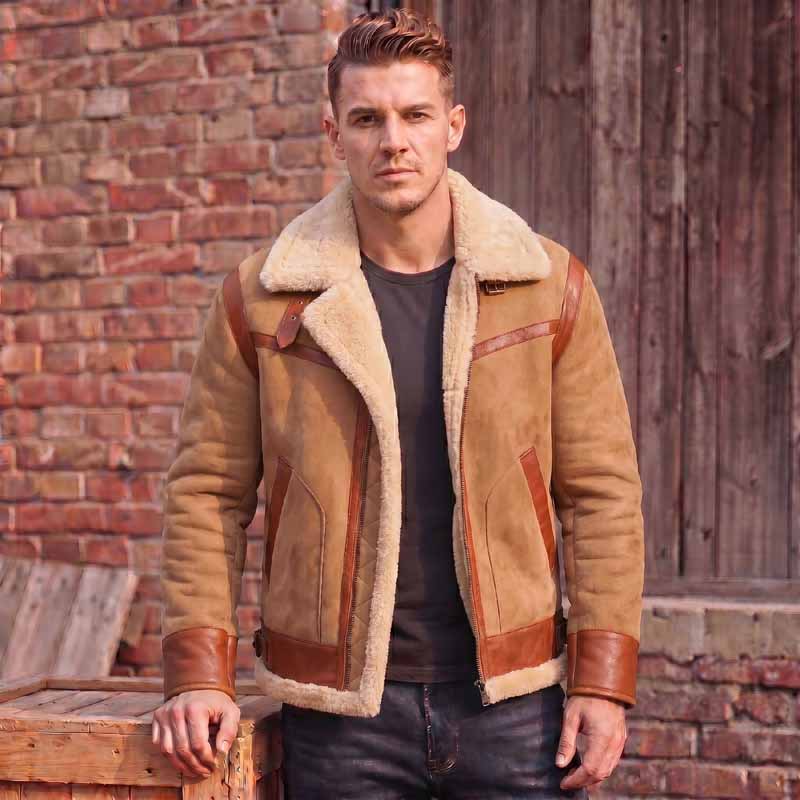 Men's Tan Brown Shearling Leather Aviator Jacket | Vintage Winter Coat