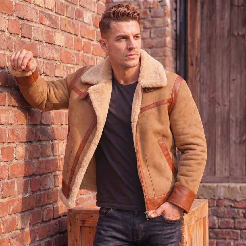 Men's Tan Brown Shearling Leather Aviator Jacket | Vintage Winter Coat