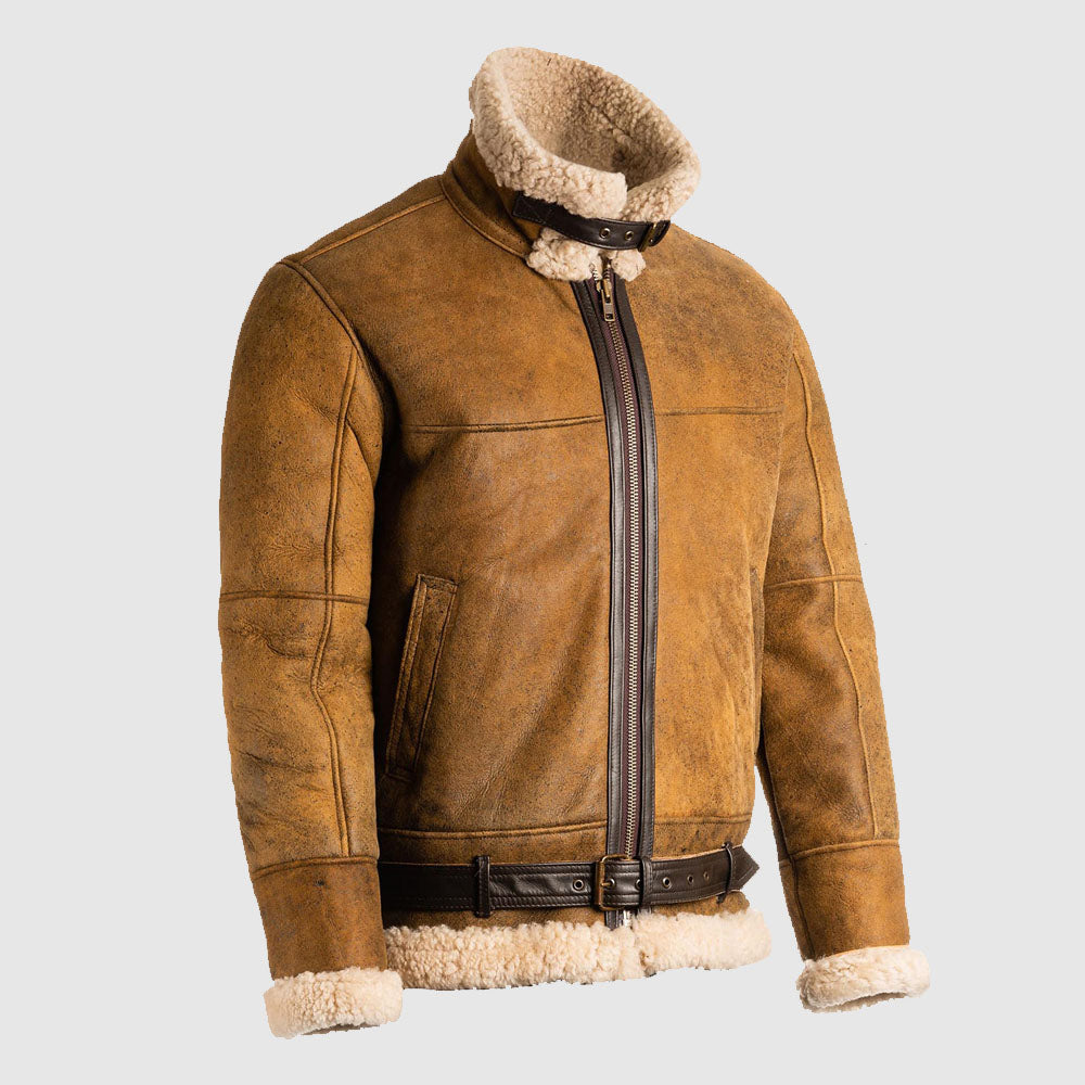 Vintage Tan B-3 Shearling Belted Leather Aviator Jacket