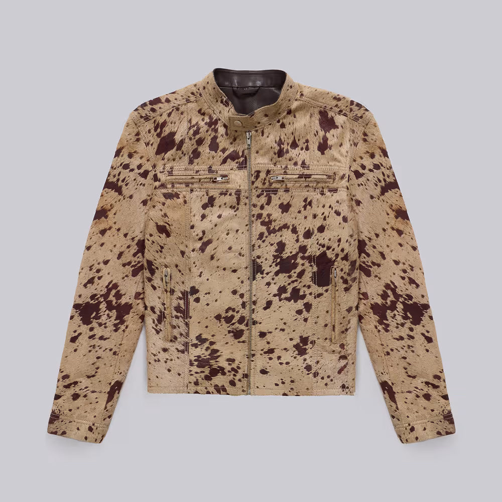 Men’s Beige Speckled Hair-On Cowhide Racer Jacket