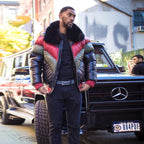 Men's Tri-Color Chevron Leather V-Bomber Jacket – Red, Olive & Black