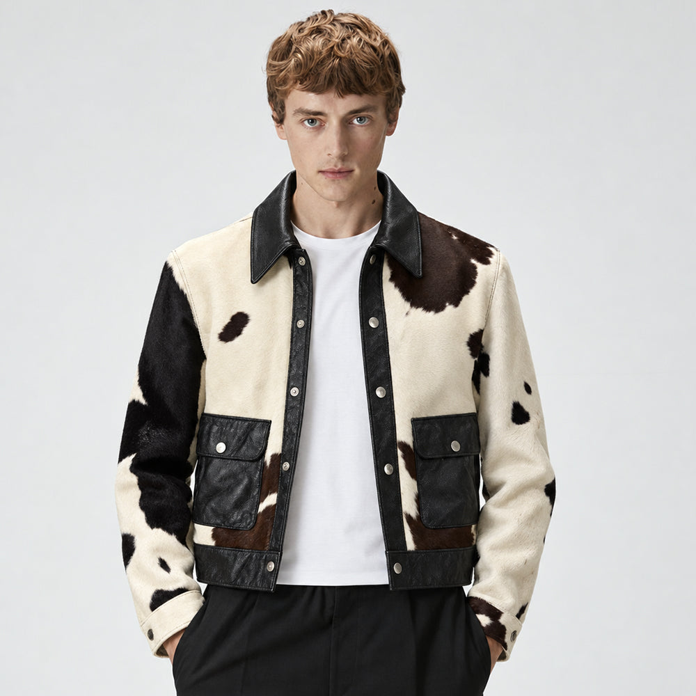Men’s Tricolor Hair-On Cowhide Snap Jacket
