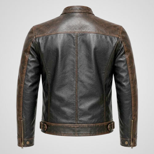 Men’s Two-Tone Genuine Leather Biker Jacket | Black & Distressed Brown Motorcycle Coat