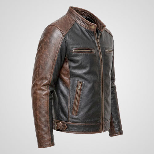 Men’s Two-Tone Genuine Leather Biker Jacket | Black & Distressed Brown Motorcycle Coat