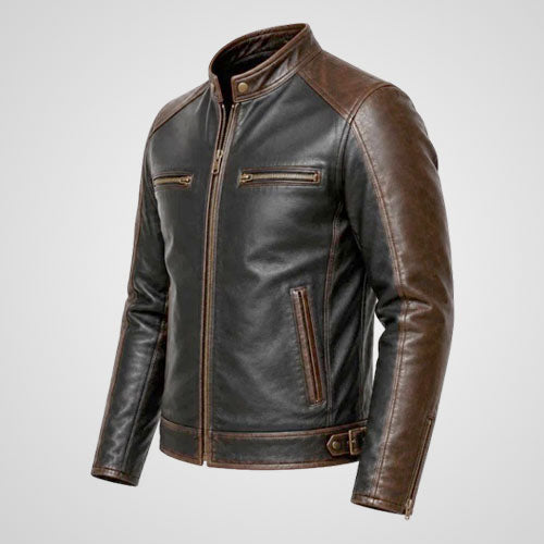 Men’s Two-Tone Genuine Leather Biker Jacket | Black & Distressed Brown Motorcycle Coat