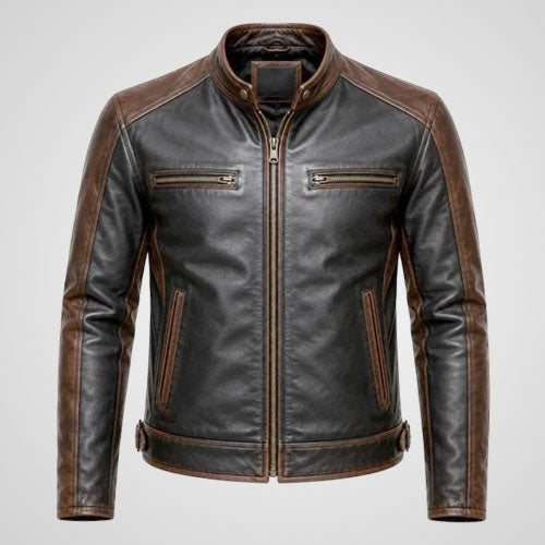 Men’s Two-Tone Genuine Leather Biker Jacket | Black & Distressed Brown Motorcycle Coat