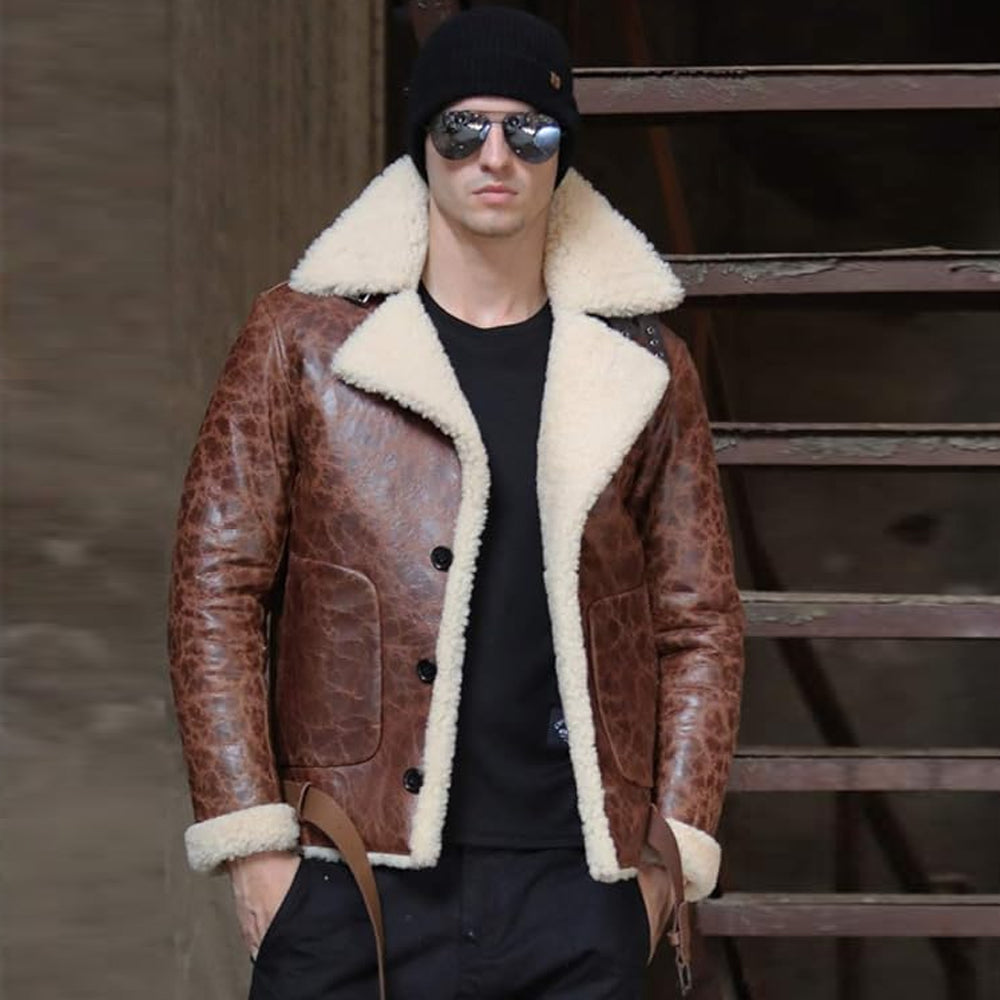 Men's Brown Button-Front Shearling Crackle Leather Jacket