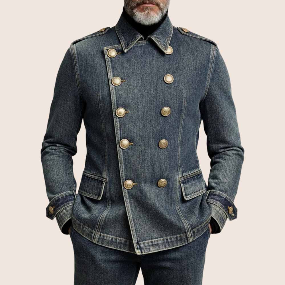 Mens Vintage Dark Blue Shirt Collar Long Sleeve Double Breasted Denim Jacket
