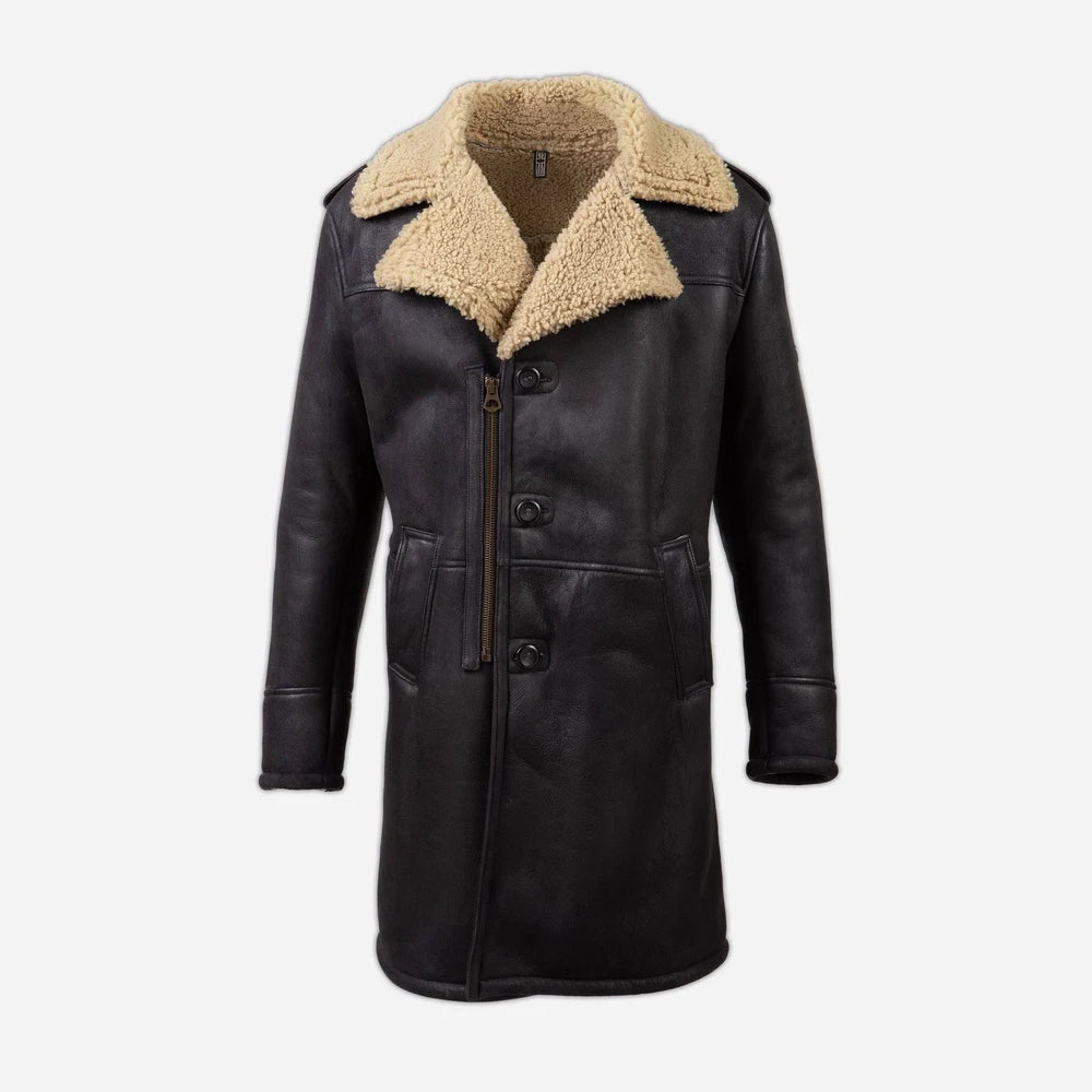 Men's Dark Brown Notch Collar Shearling Officer Coat