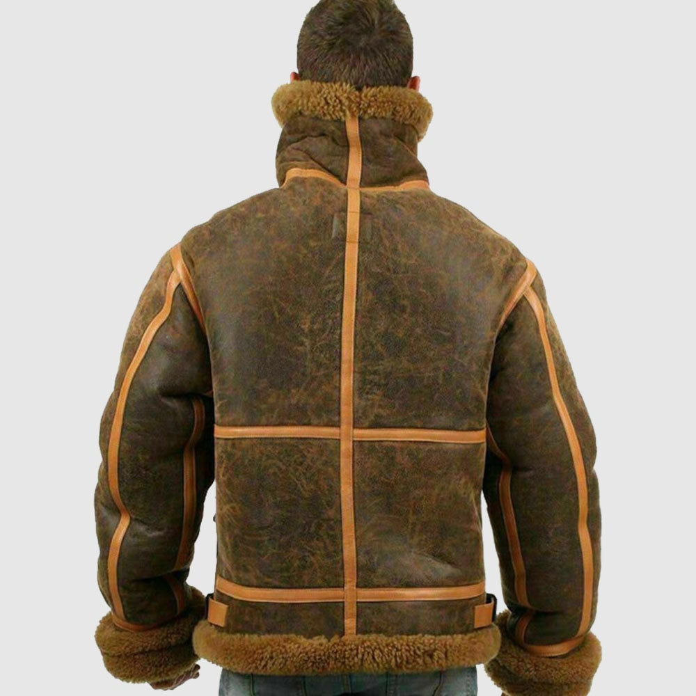 Men's Distressed Antique Brown B-3 Sheepskin Jacket with Cinnamon Shearling