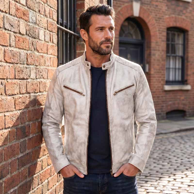 Men's White Distressed Leather Cafe Racer Jacket | Vintage Motorcycle Style