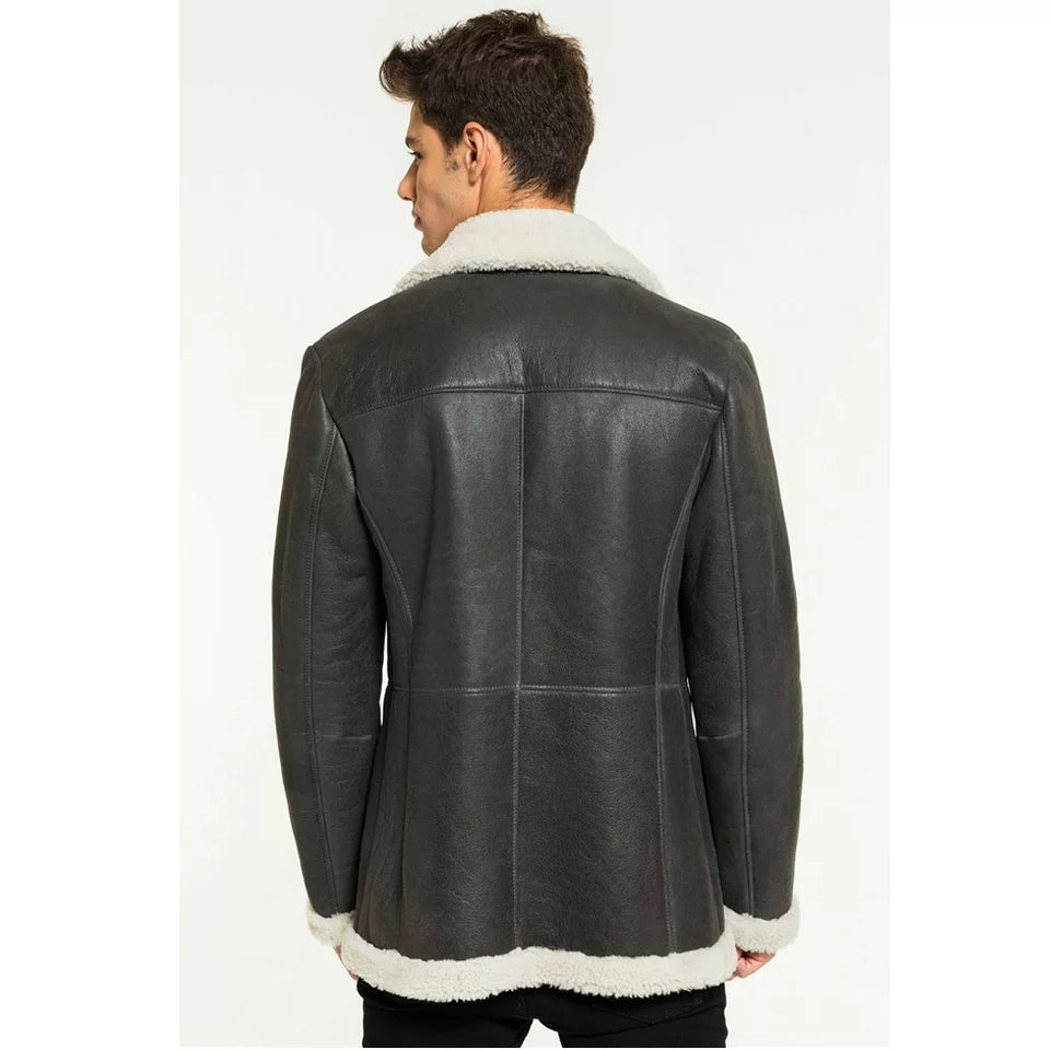 Men's White Fur Sheepskin Leather Coat in Black