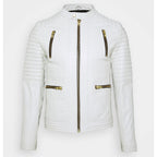Mens White Leather Biker Jacket