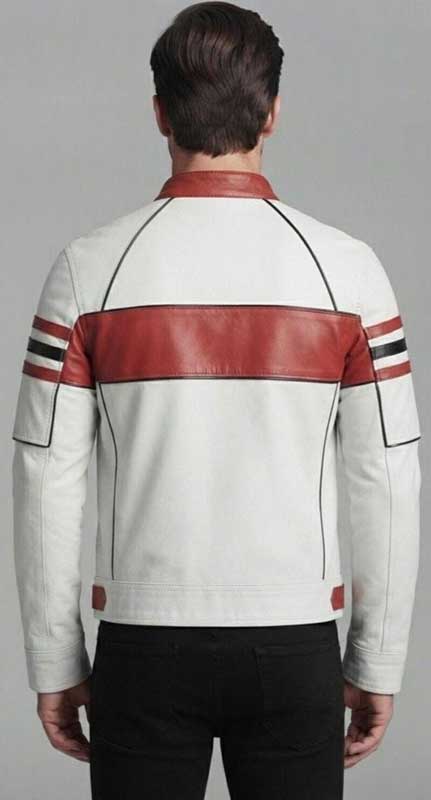 Men's White Red Sheep Leather Cafe Racer Jacket