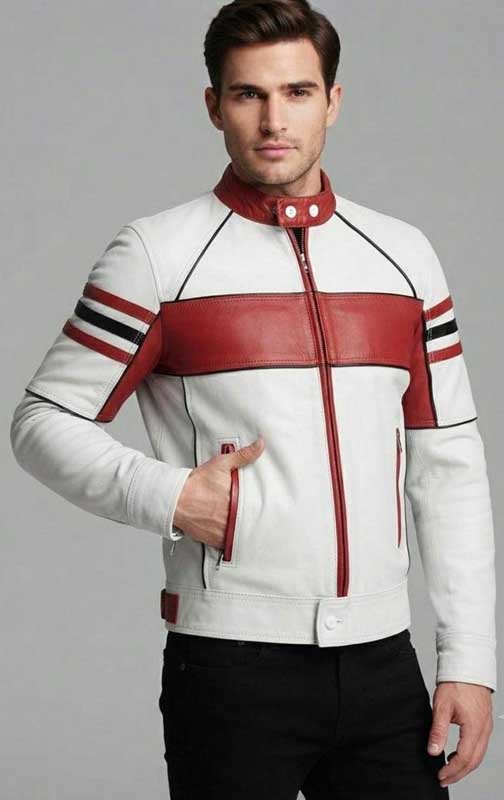 Men's White Red Sheep Leather Cafe Racer Jacket
