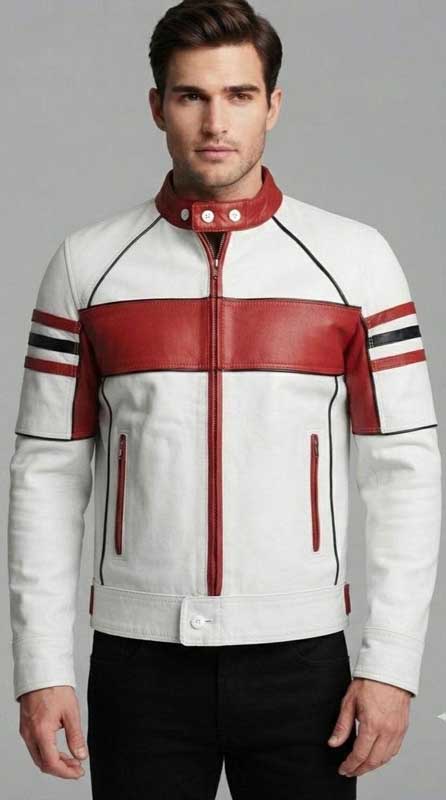 Men's White Red Sheep Leather Cafe Racer Jacket