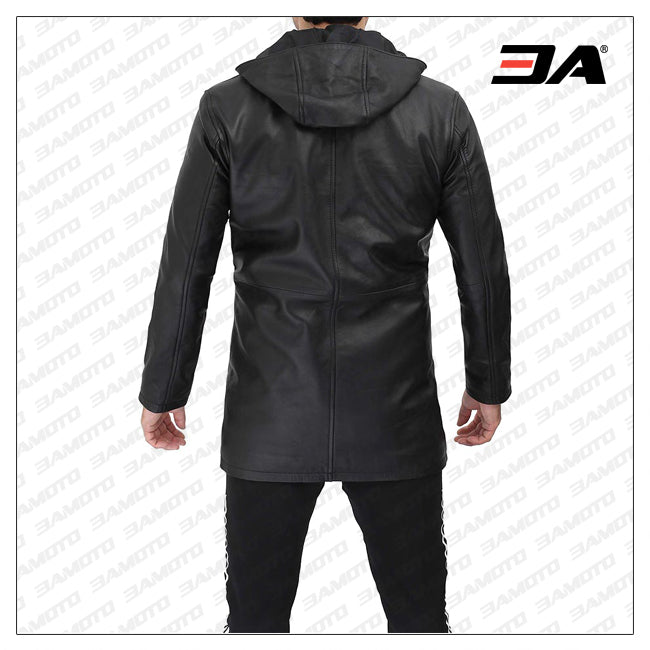 Devine Mens Black Leather Hooded Coat