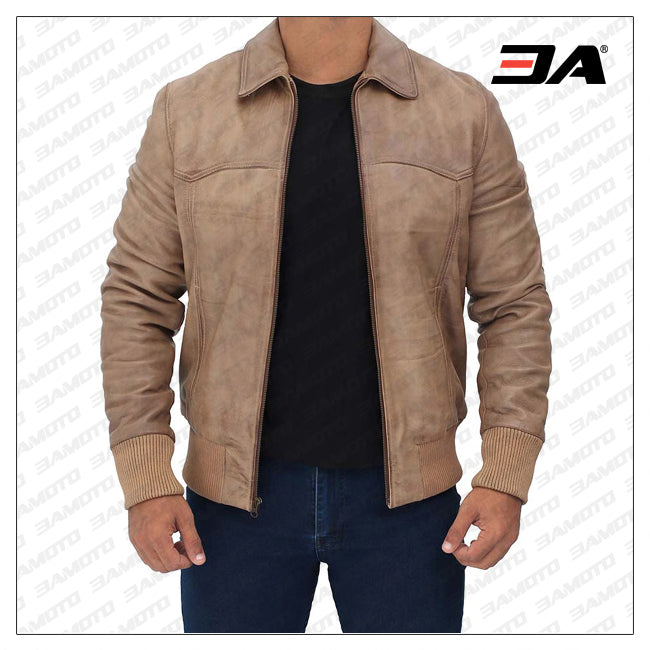 Steven Mens Beige Bomber Distressed Leather Jacket