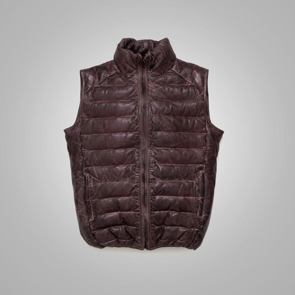 Mens Dark Brown Bubble Waistcoat Leather Bubble Jacket Vest