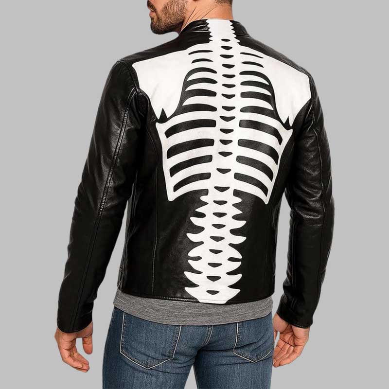 Mens Gothic Skeleton Biker Leather Jacket