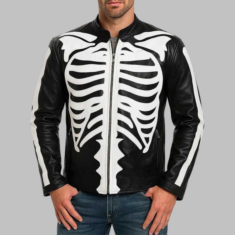 Mens Gothic Skeleton Biker Leather Jacket