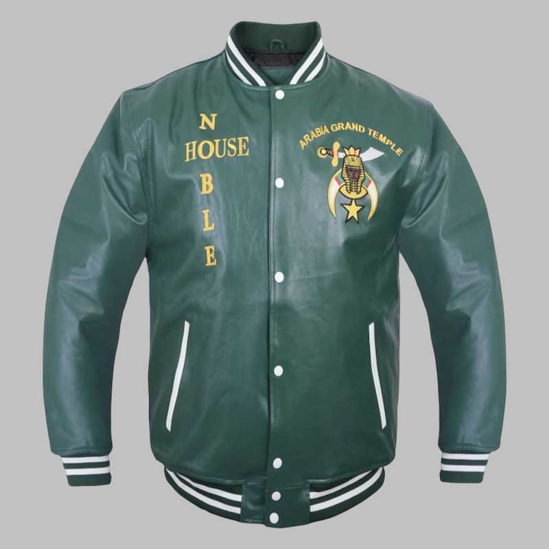 Mens Green Leather Varsity Bomber Jacket