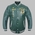 Mens Green Leather Varsity Bomber Jacket