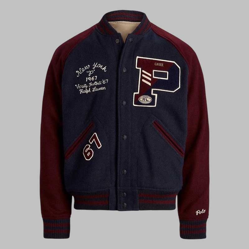 Mens Navy Burgundy Letterman Varsity Jacket