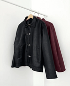Metal Clasp Oversized Cropped Leather Jacket (Black)