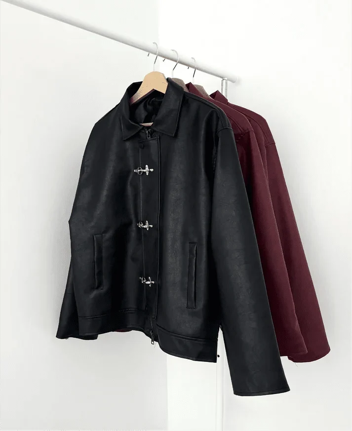 Metal Clasp Oversized Cropped Leather Jacket (Black)