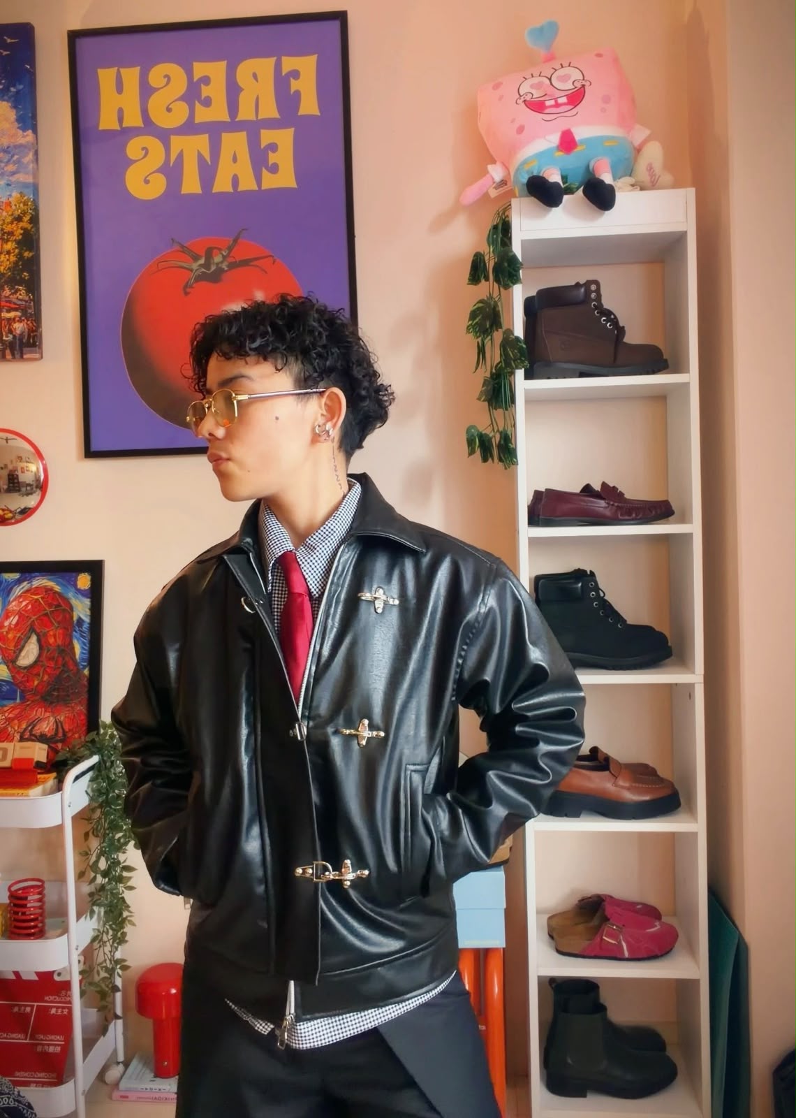 Metal Clasp Oversized Cropped Leather Jacket (Black)