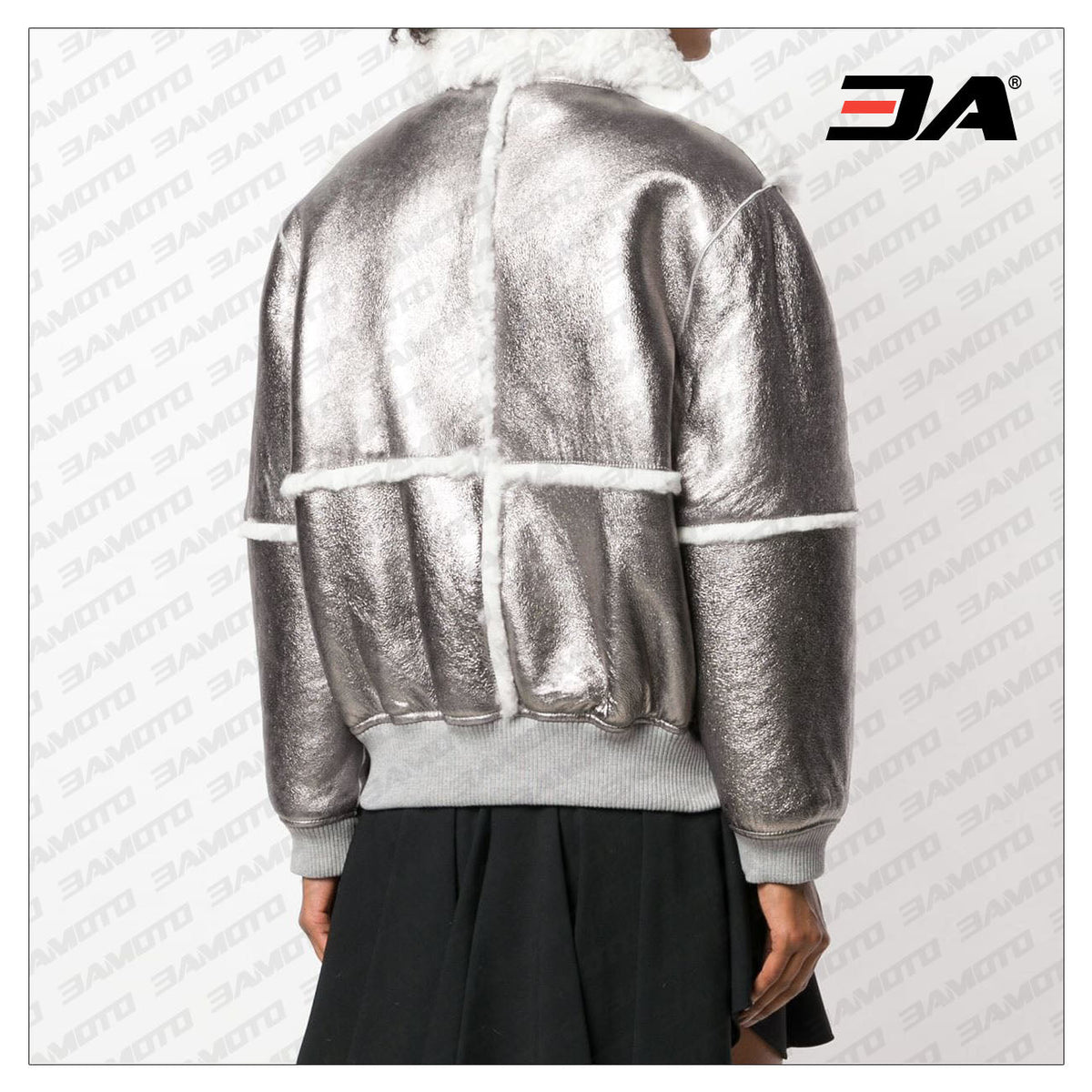 Metallic Bomber Shearling Fur Leather Jacket