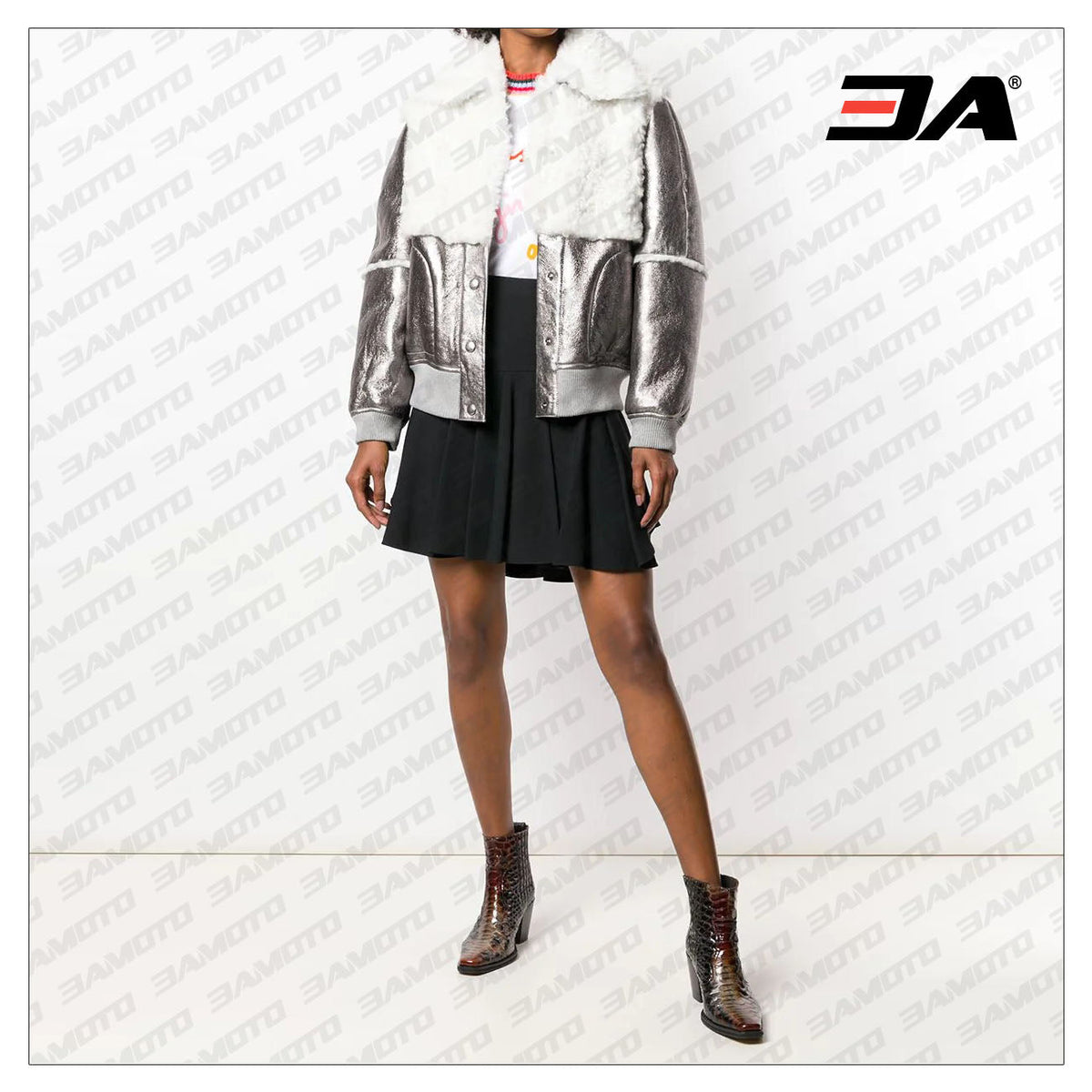 Metallic Bomber Shearling Fur Leather Jacket