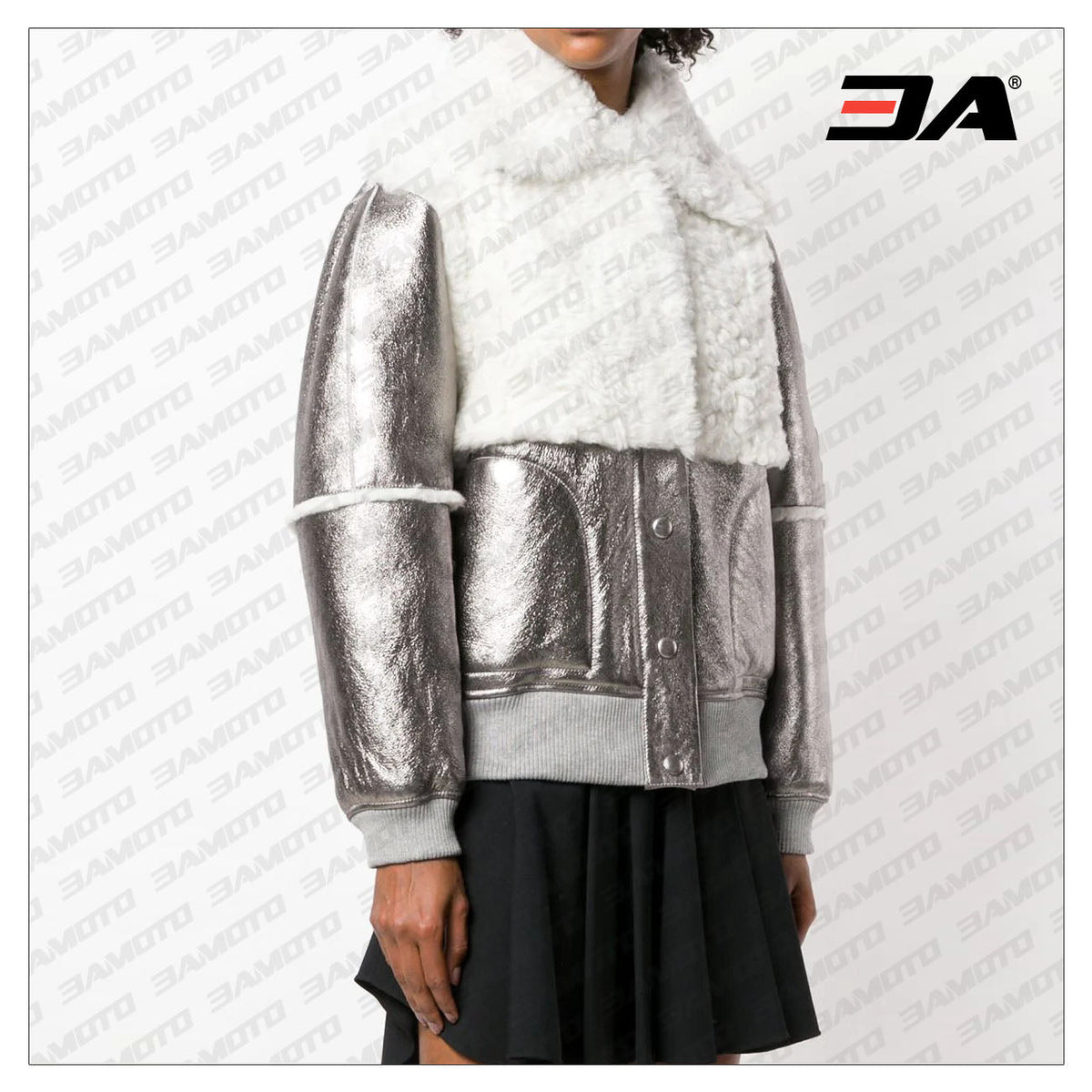 Metallic Bomber Shearling Fur Leather Jacket
