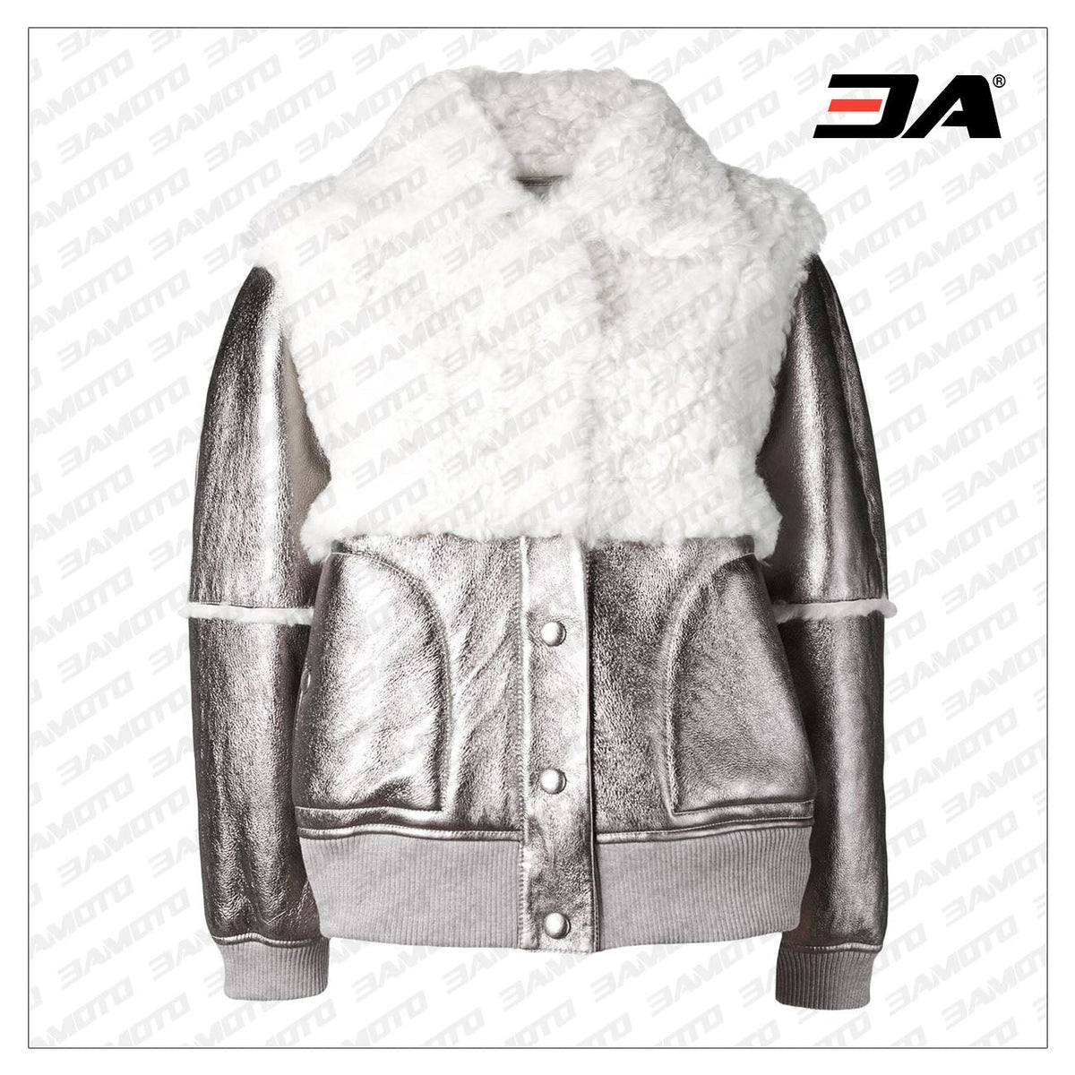 Metallic Bomber Shearling Fur Leather Jacket