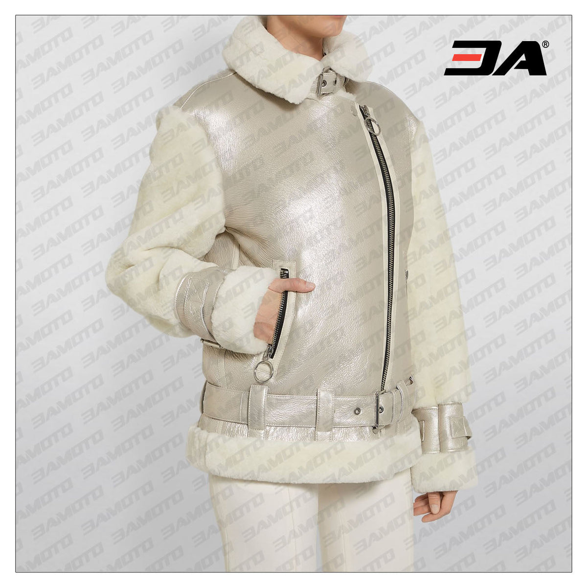 Metallic Shearling Fur Leather Biker Jacket