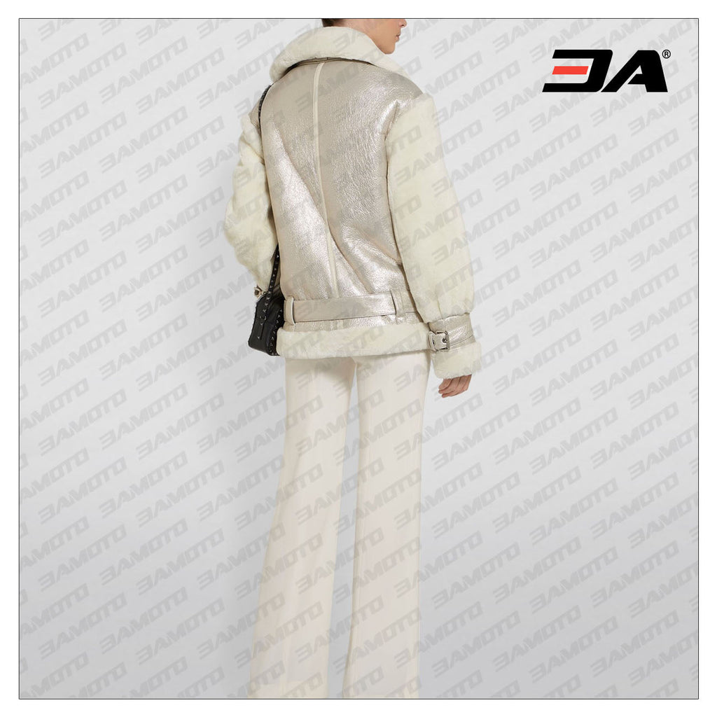 Metallic Shearling Fur Leather Biker Jacket