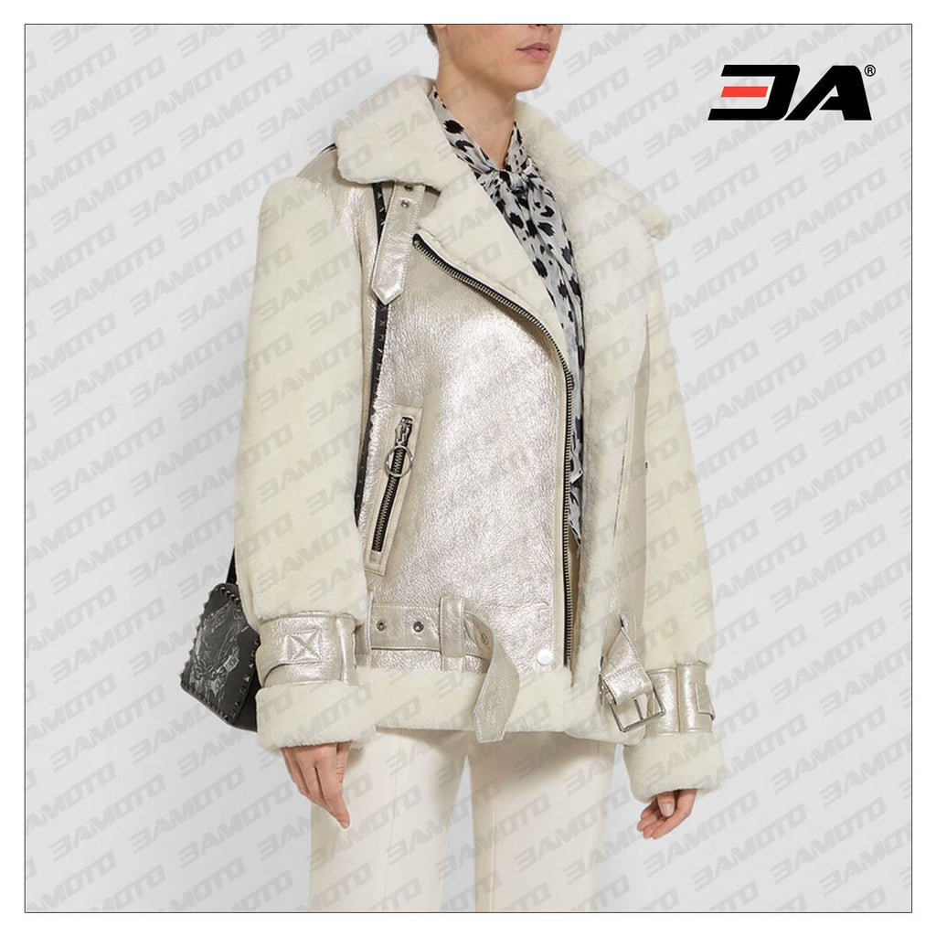 Metallic Shearling Fur Leather Biker Jacket