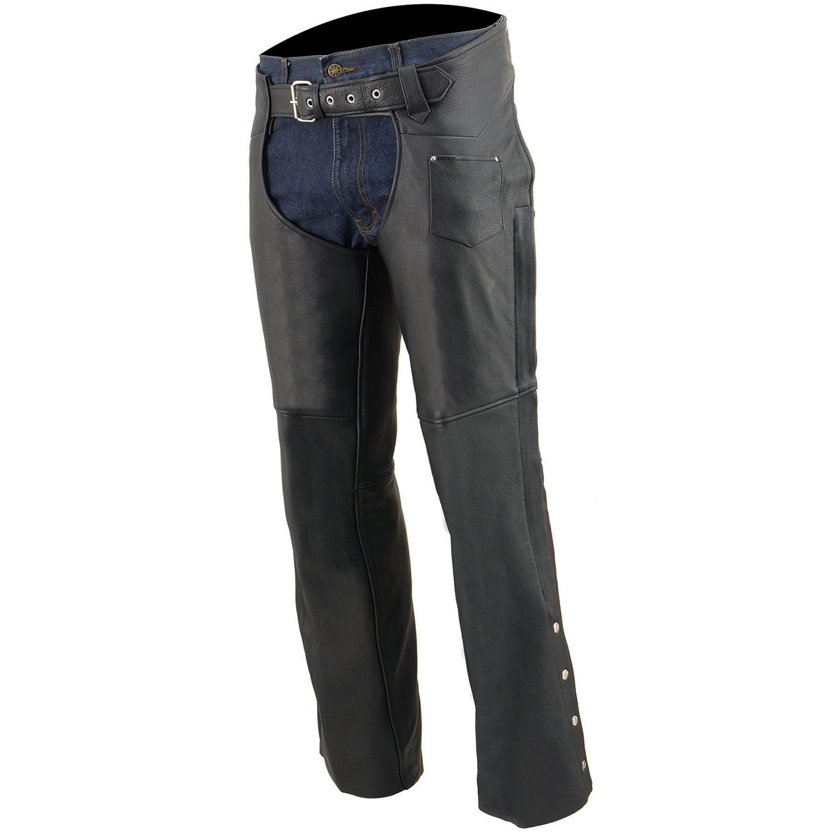 Milwaukee Leather Men's Black Premium Leather Fully Lined Motorcycle Chaps w/ Front Coin Pocket ML1115