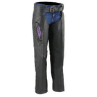 Milwaukee Leather Women's Classic Black Premium Leather Motorcycle Chaps w/ Purple Wing Embroidery-ML1179