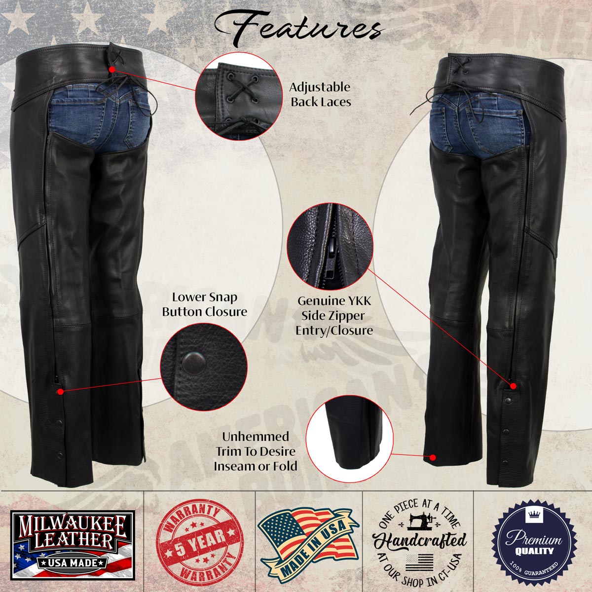 Milwaukee Leather USA MADE MLCHL5001 Women's Black Shade Premium Leather Motorcycle Chaps