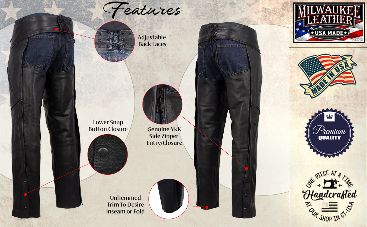 Milwaukee Leather USA MADE MLCHM5001 Men's Black Cloak Classic Premium Leather Motorcycle Chaps