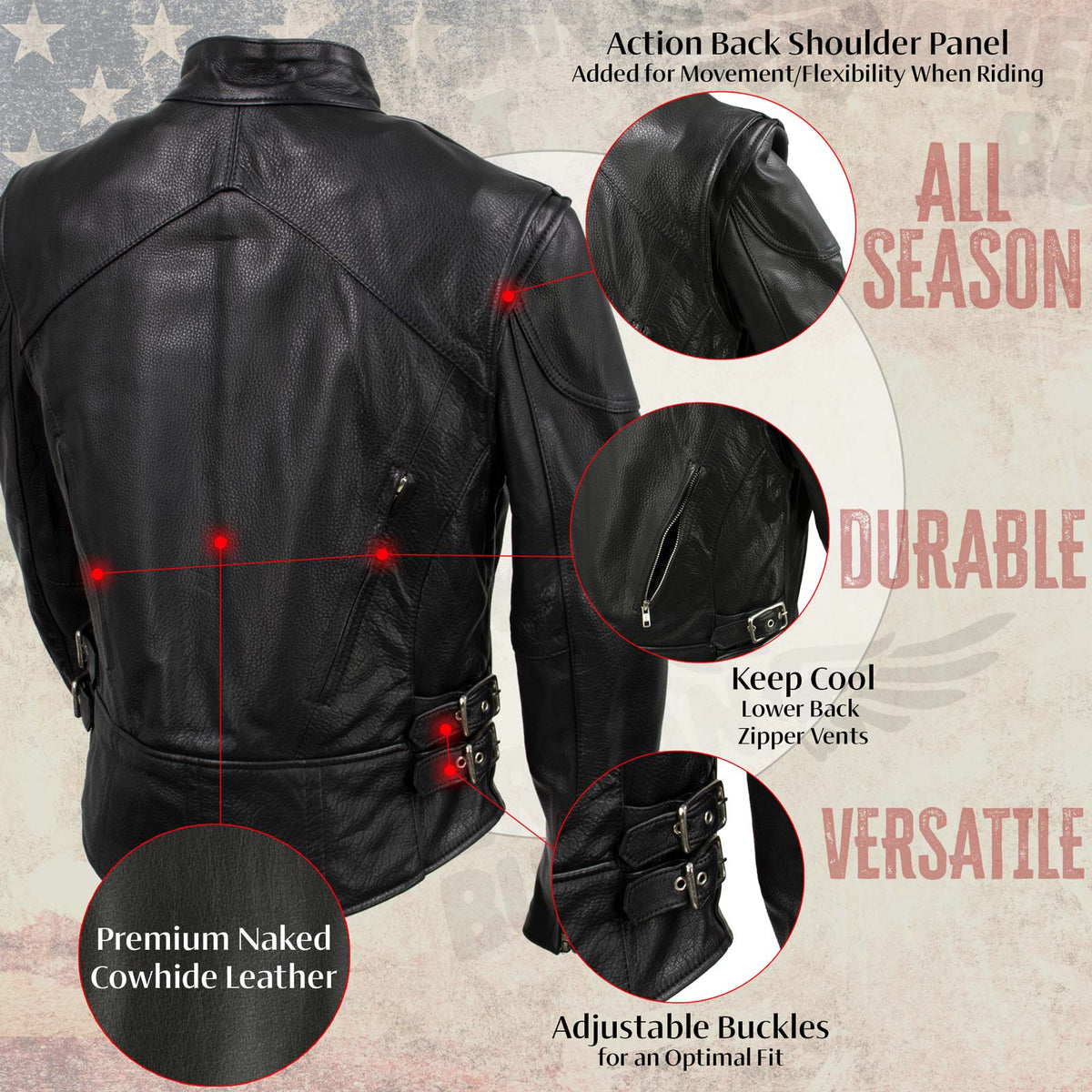 Milwaukee Leather USA MADE MLJKL5001 Women's Black Foxy Premium Motorcycle Leather Jacket with Vents
